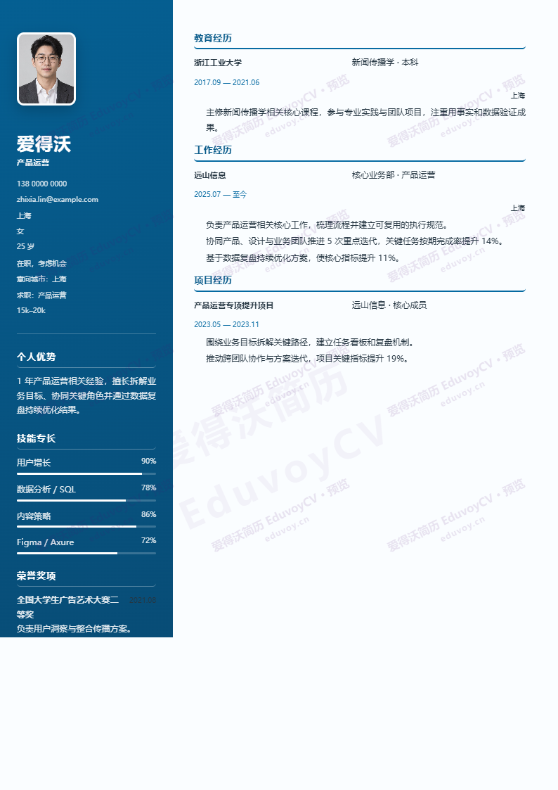 产品运营 · 初级青岚侧章简历模板完整预览
