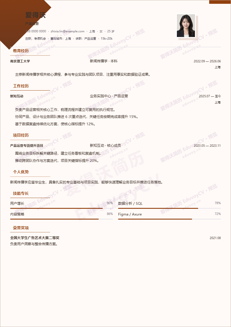 产品运营 · 校招远峰名片简历模板完整预览