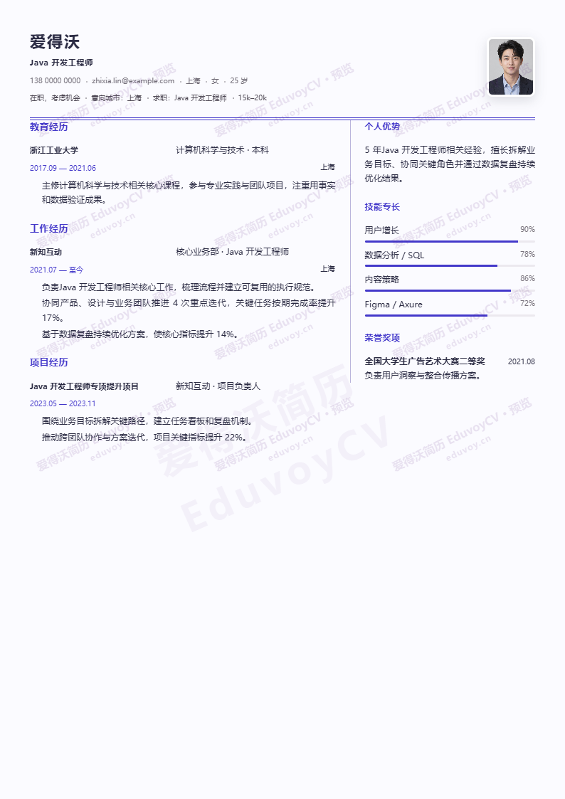 Java 开发工程师 · 资深云帆双栏简历模板完整预览