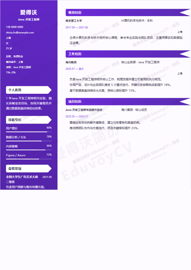 Java 开发工程师 · 初级松石档案简历模板完整预览