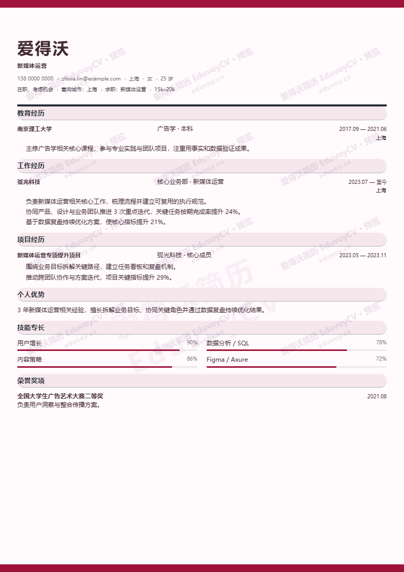 新媒体运营清川页眉简历模板完整预览