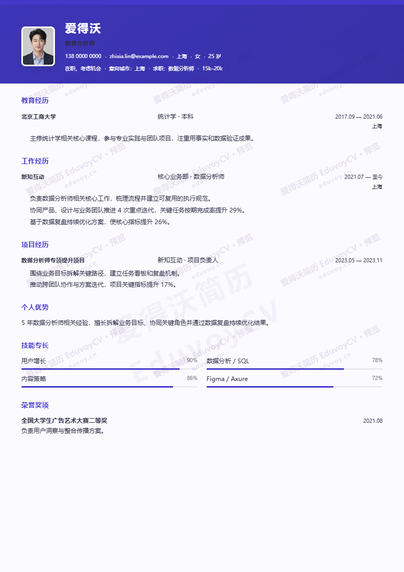 数据分析师 · 资深银杏简报简历模板完整预览