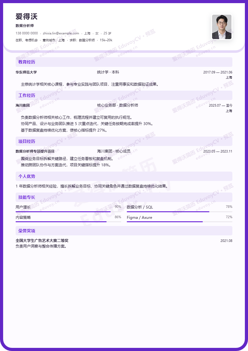 数据分析师 · 初级湖蓝框架简历模板完整预览