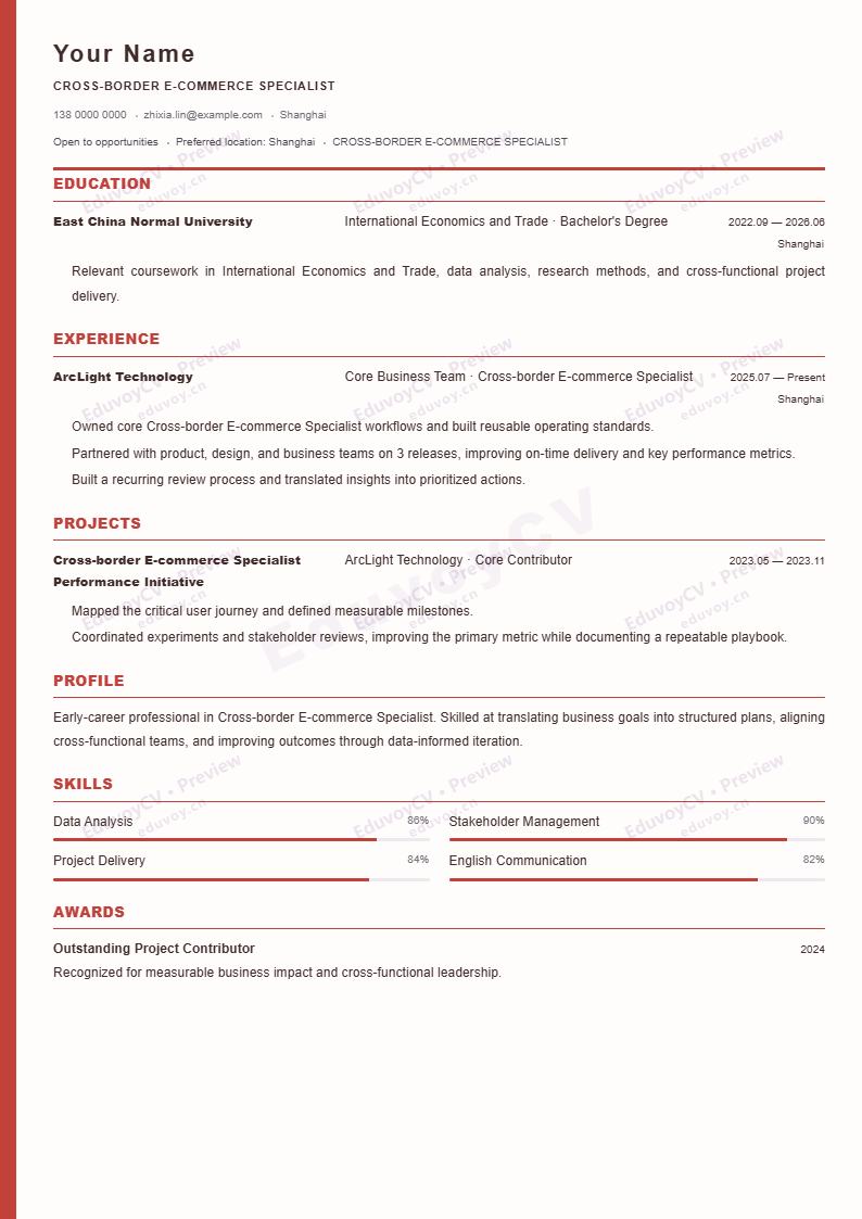 跨境电商运营 · 校招Prague Minimal简历模板完整预览