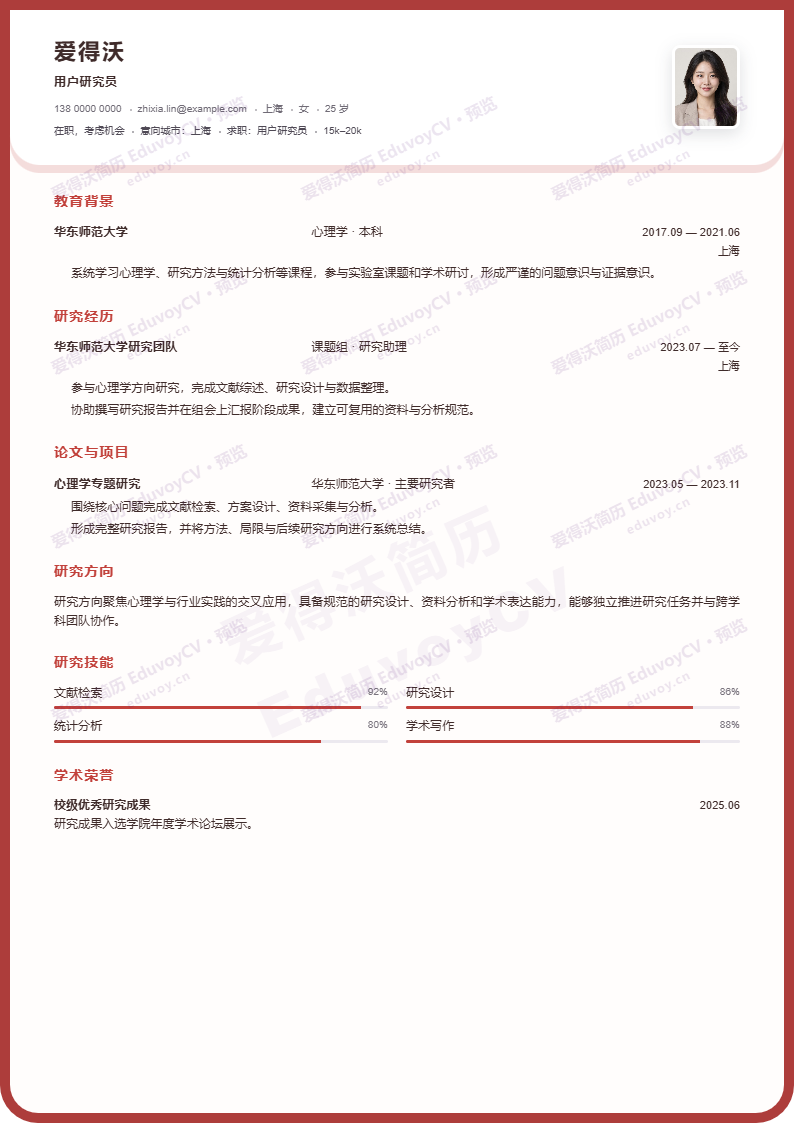 用户研究员Conference Dossier简历模板完整预览