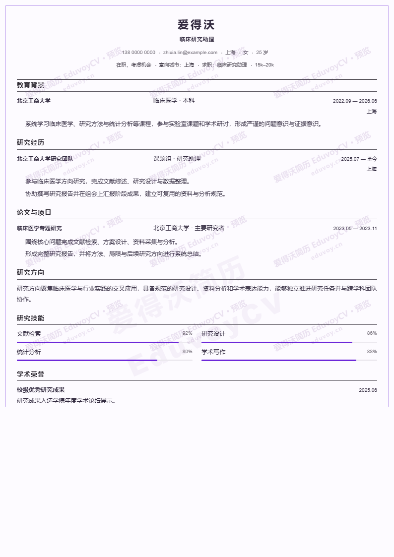 临床研究助理 · 校招Postdoctoral Brief简历模板完整预览