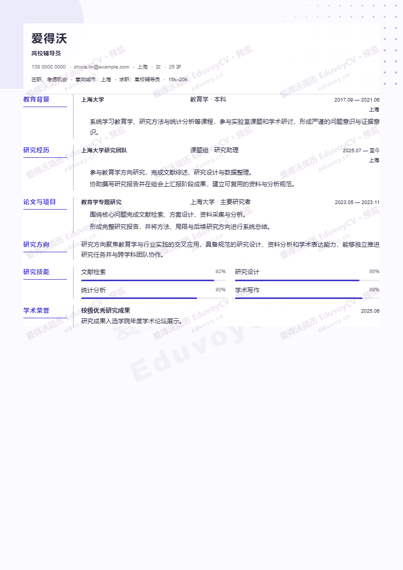 高校辅导员 · 初级Chemistry Researcher简历模板完整预览