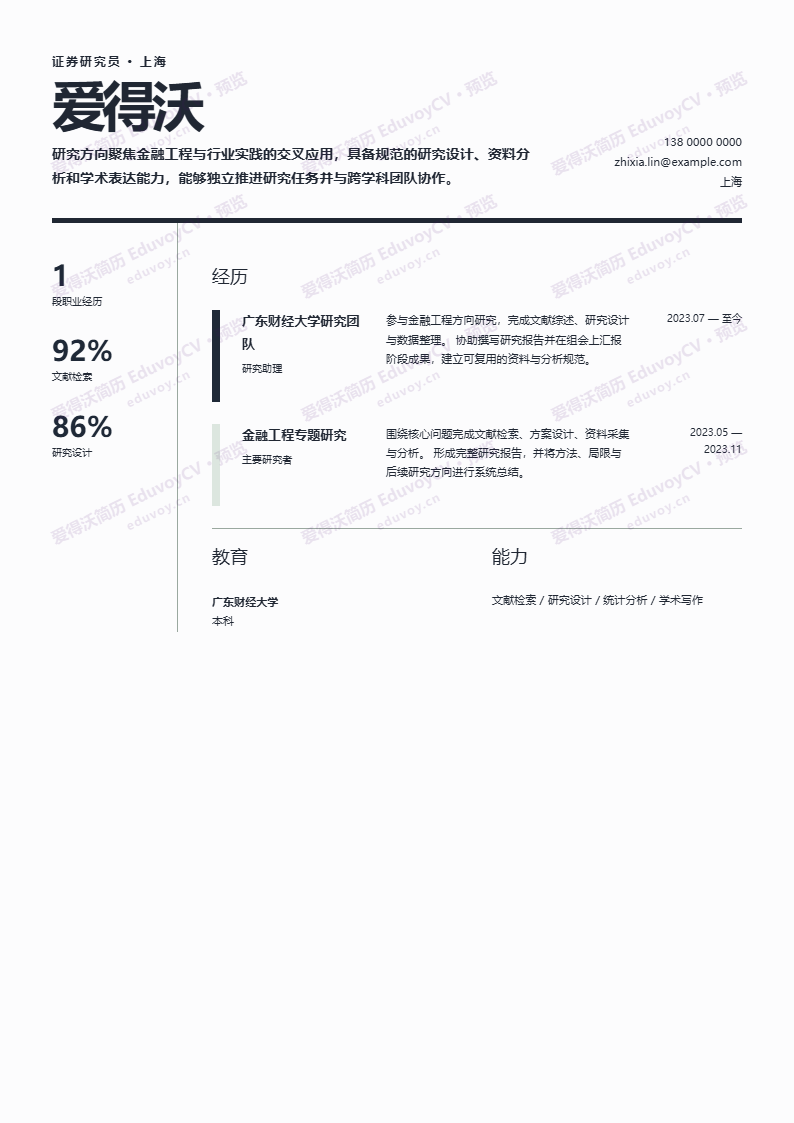 证券研究员Swiss Research Signal简历模板完整预览