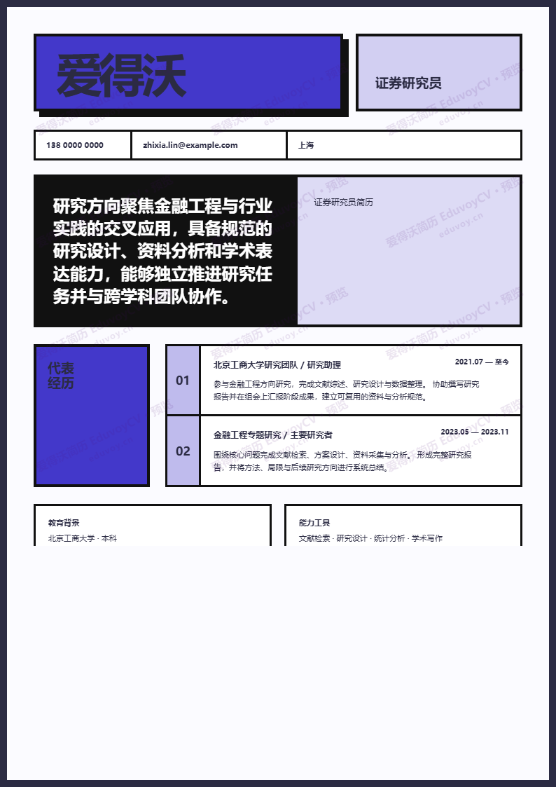 证券研究员 · 资深Neo Research Blocks简历模板完整预览