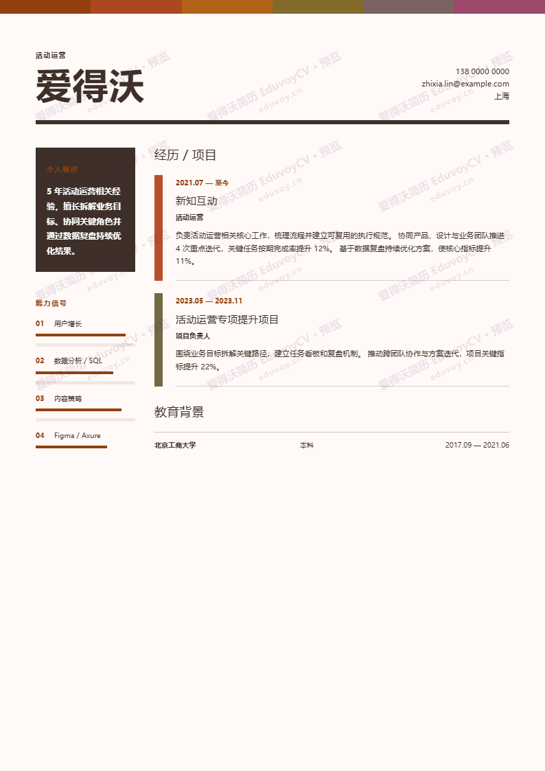 活动运营 · 资深光谱专栏 · 珊瑚简历模板完整预览