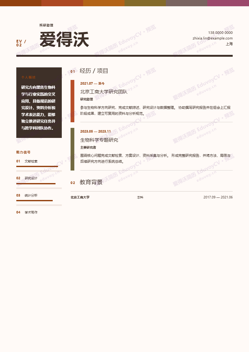 科研助理 · 资深Spectrum Academic Columns简历模板完整预览