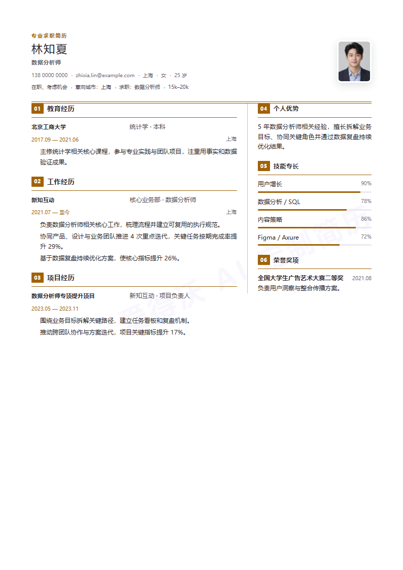 数据分析师 · 资深简历模板预览