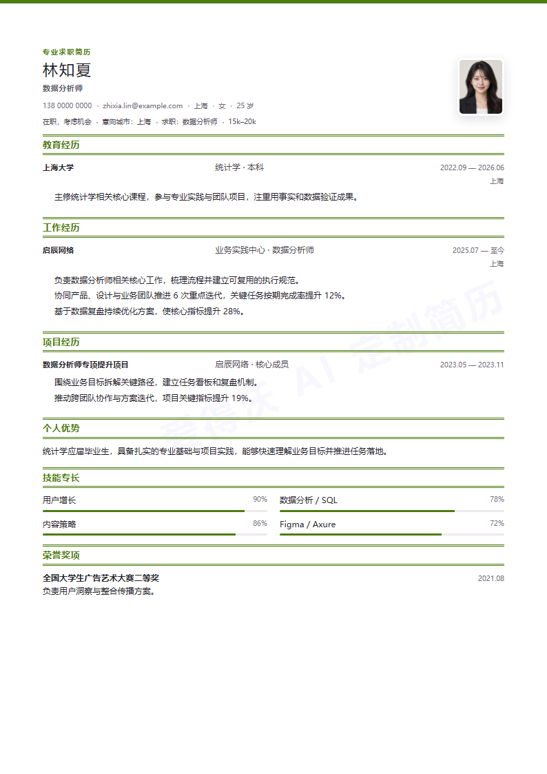 数据分析师 · 校招简历模板预览