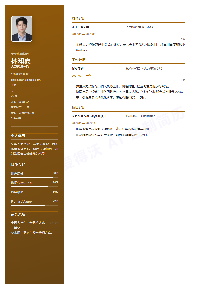 侧栏名片人力资源专员 · 资深内容示例