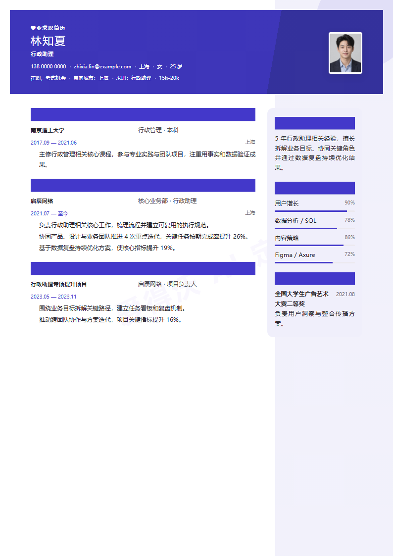 侧卡叙事行政助理 · 资深内容示例