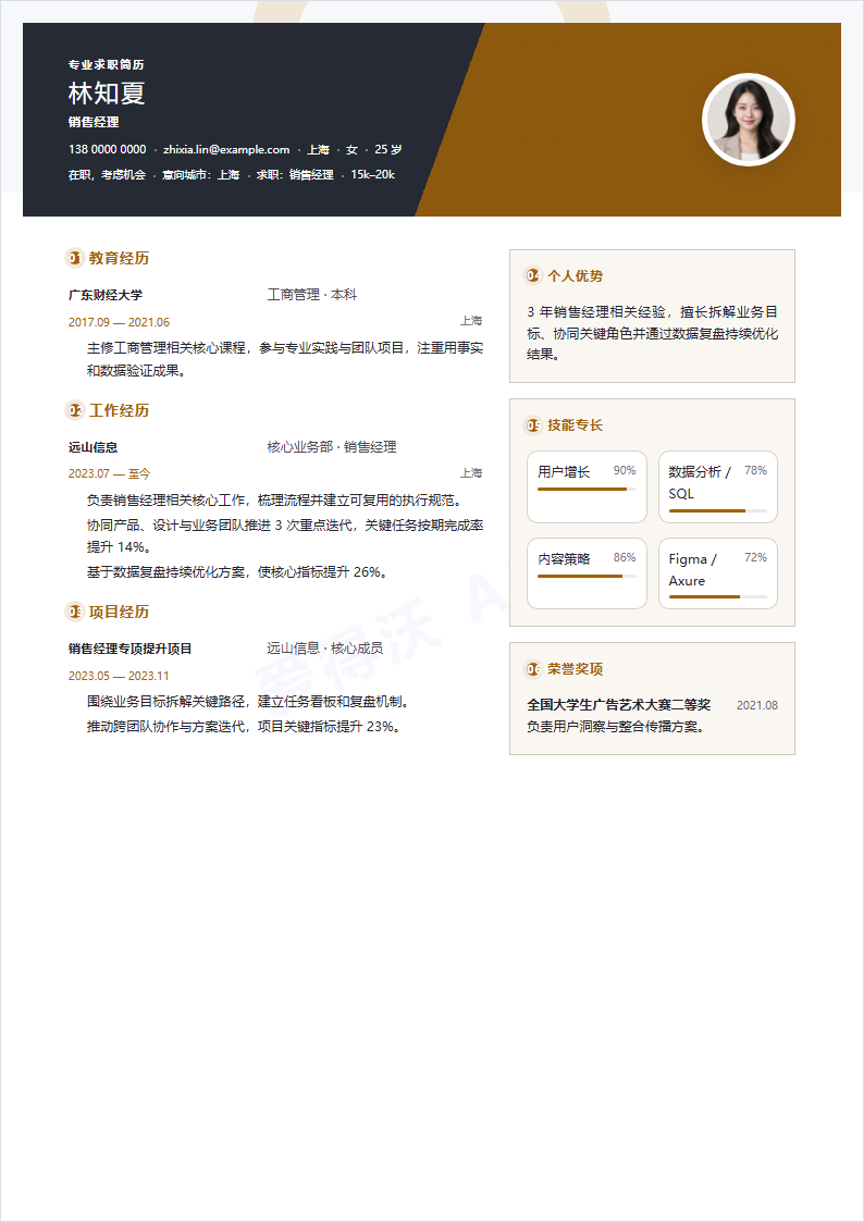 销售经理环形数据简历模板完整预览