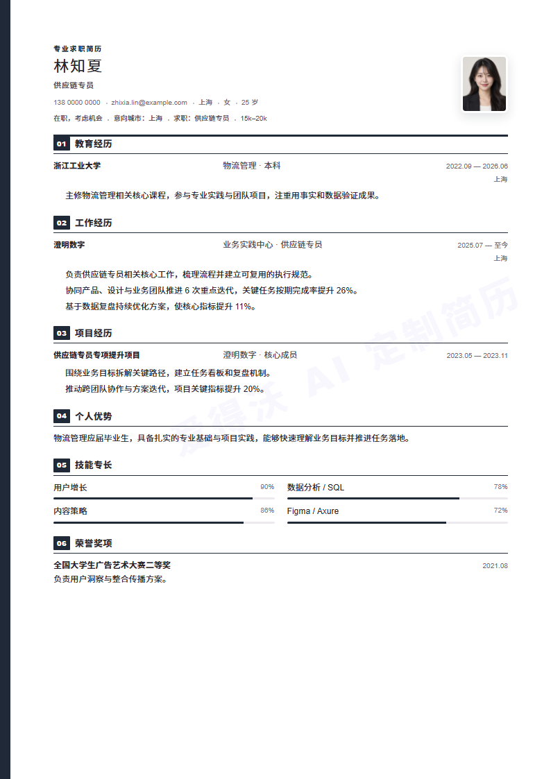 供应链专员 · 校招简历模板预览
