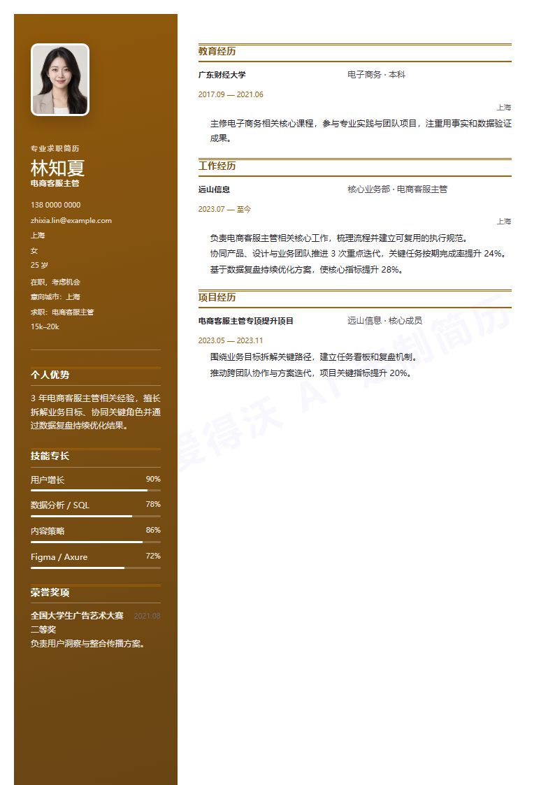 侧栏名片电商客服主管内容示例