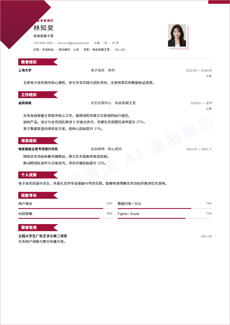 折角名片电商客服主管 · 校招内容示例
