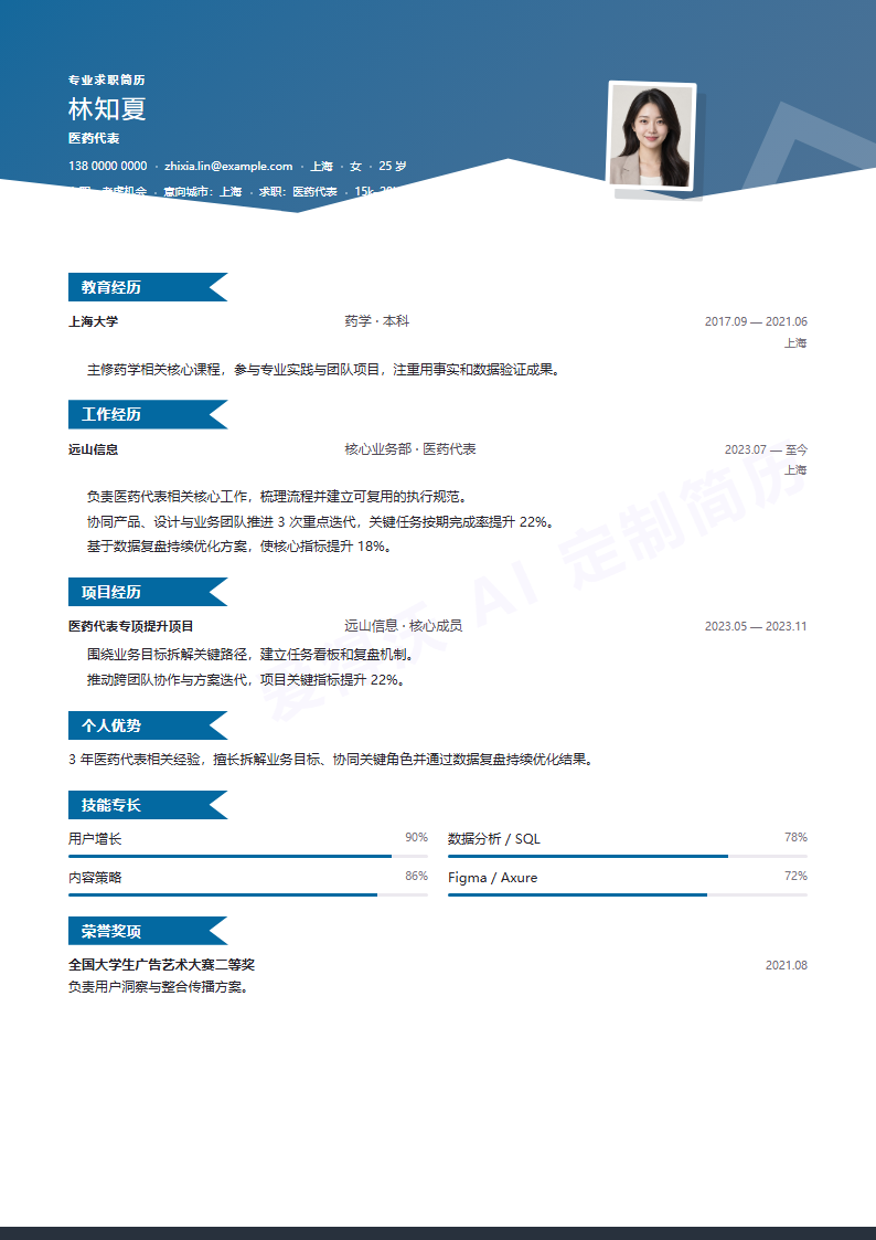 医药代表珊瑚切片简历模板完整预览