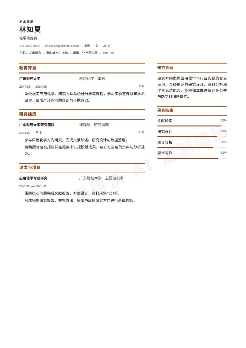 化学研究员 · 资深Lab Portfolio简历模板完整预览