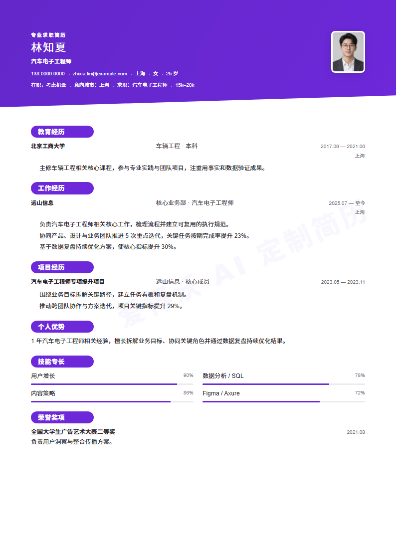 汽车电子工程师 · 初级湖蓝切面简历模板完整预览