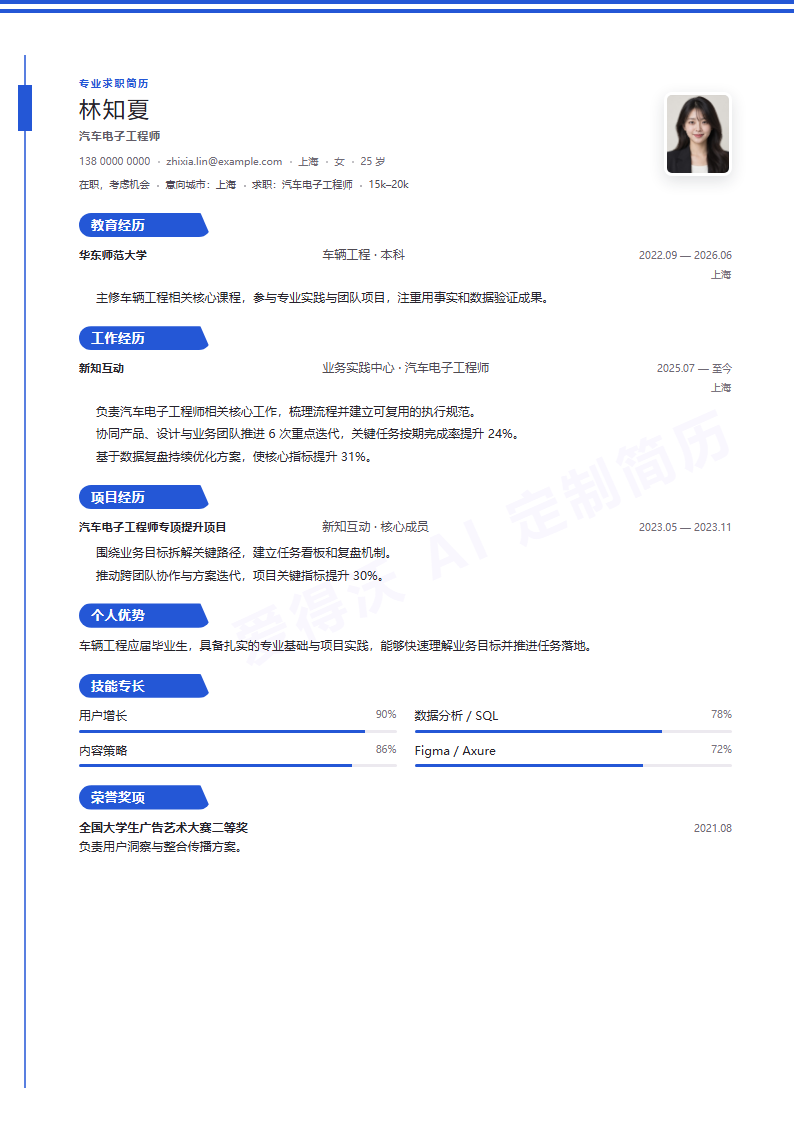 靛蓝轨道汽车电子工程师 · 校招内容示例