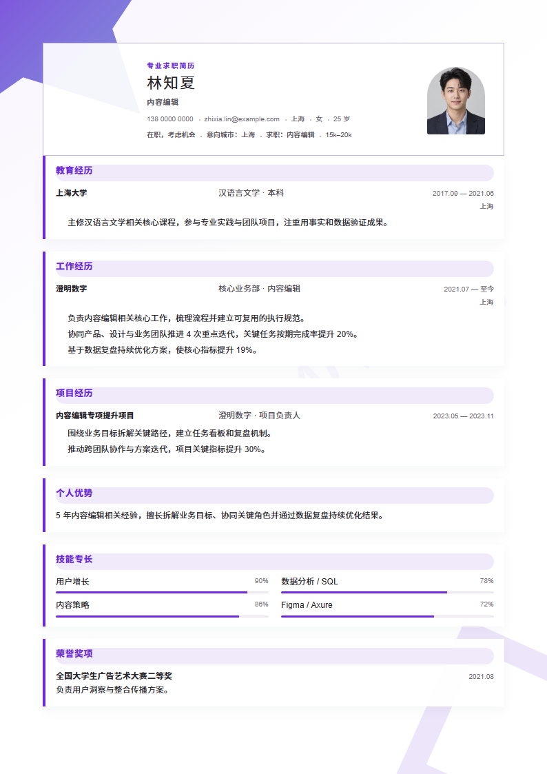 内容编辑 · 资深薄荷工坊简历模板完整预览