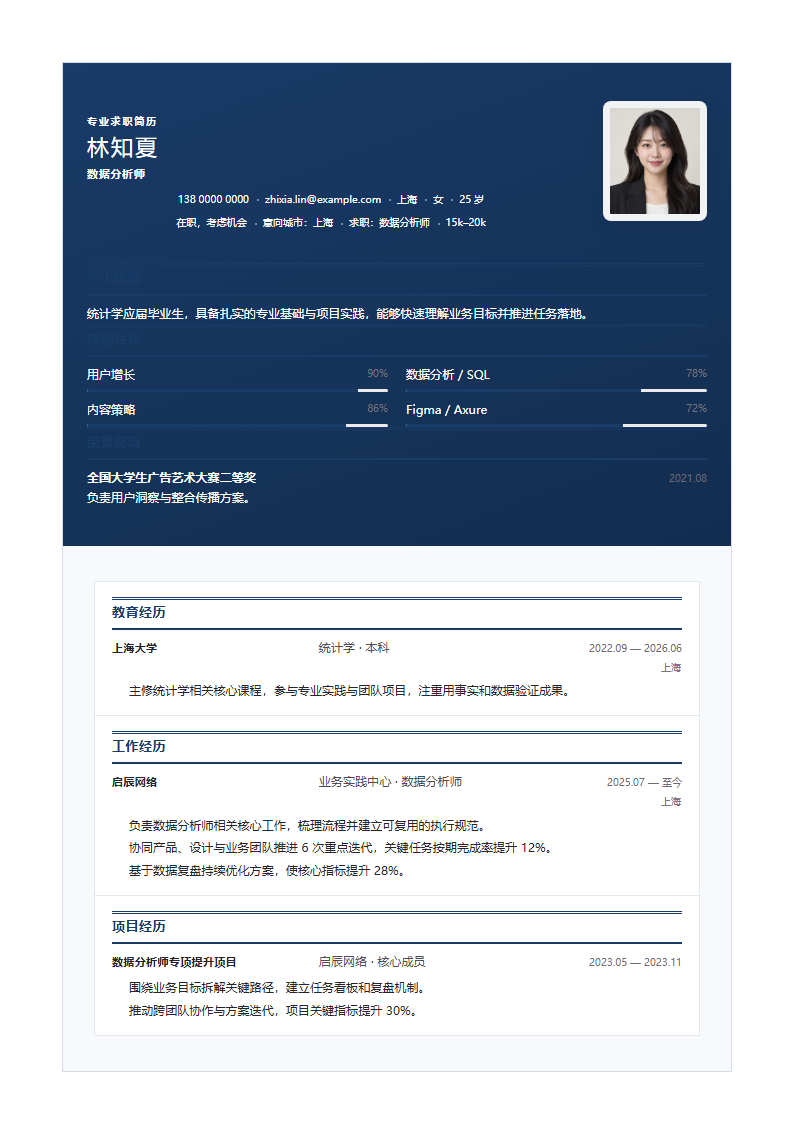 数据分析师 · 校招深蓝履历卡简历模板完整预览