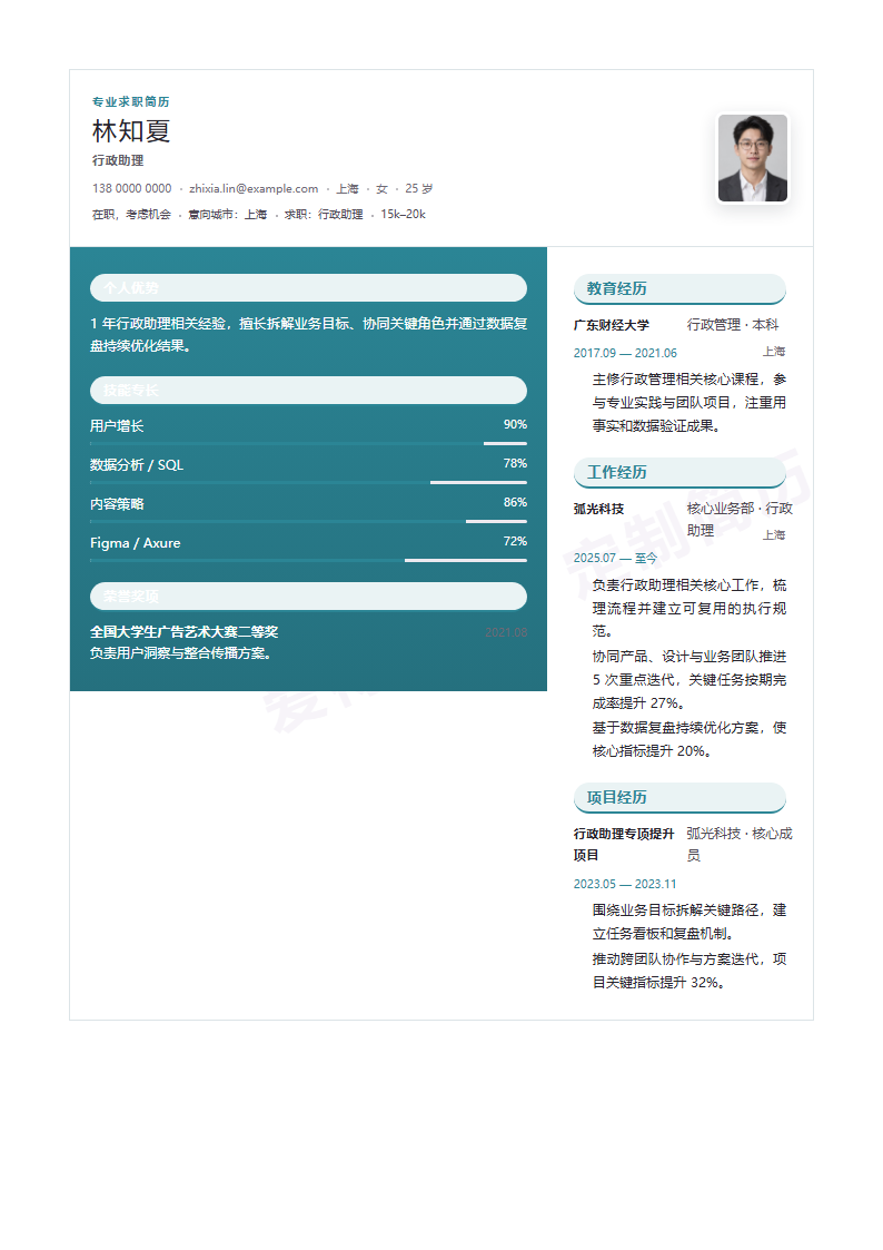 青蓝国际栏行政助理 · 初级内容示例