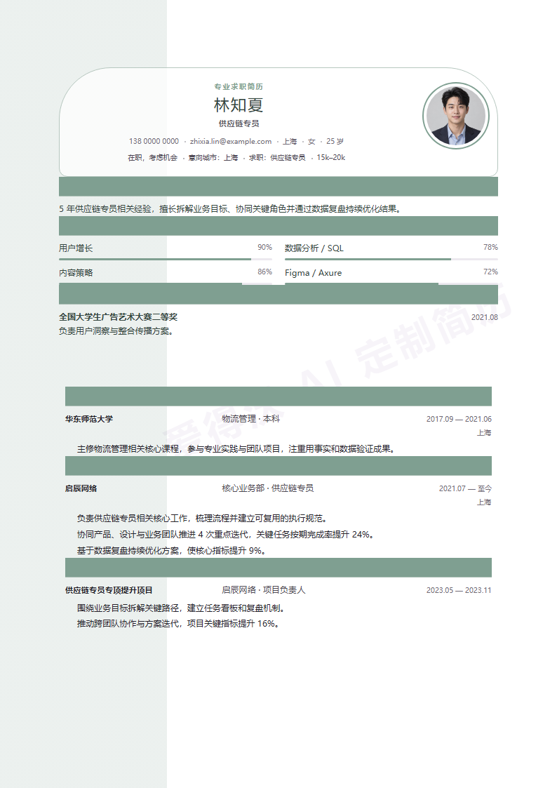 供应链专员 · 资深鼠尾草侧页简历模板完整预览