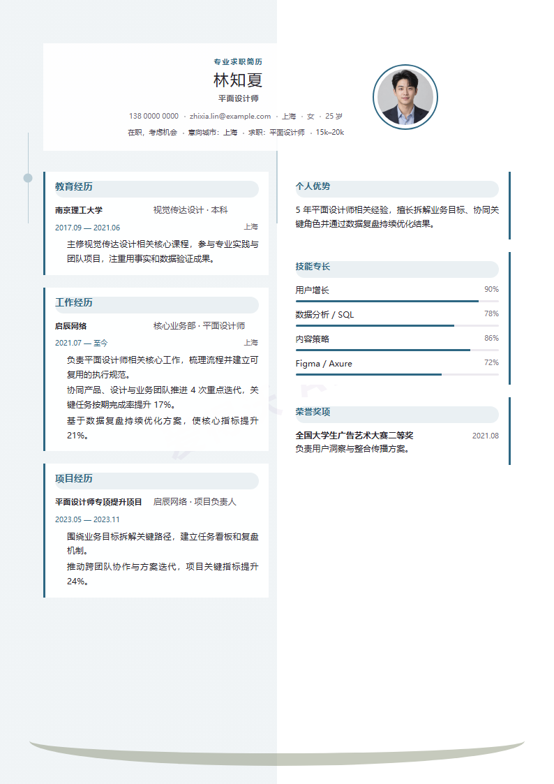 平面设计师 · 资深双镜环线简历模板完整预览